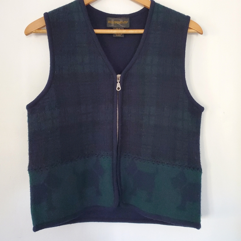 Vintage Requirements S 100% Wool Scottie Dog Blue Green Plaid Vest Zip Up Cabin
